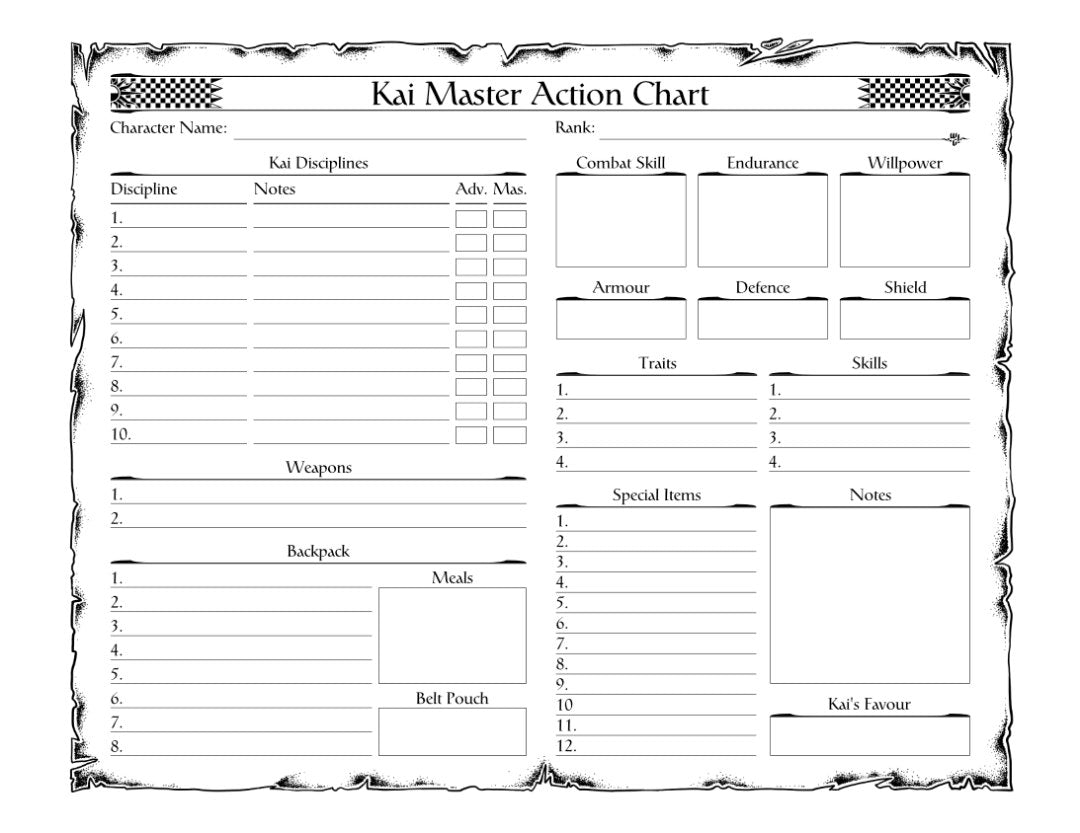 Lone Wolf Adventure Game Action Chart