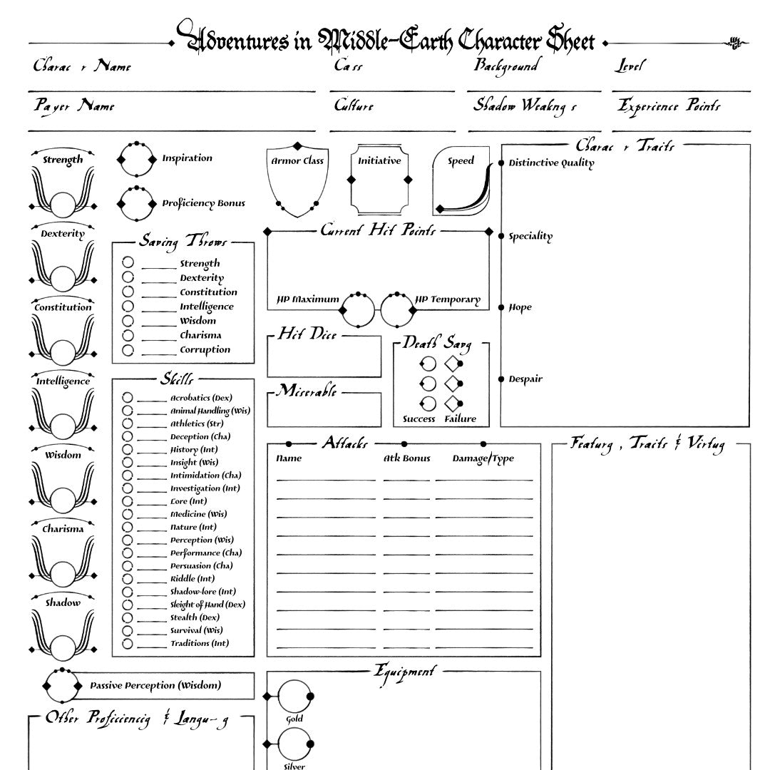 Character Sheets for Adventures in Middle-Earth 5E